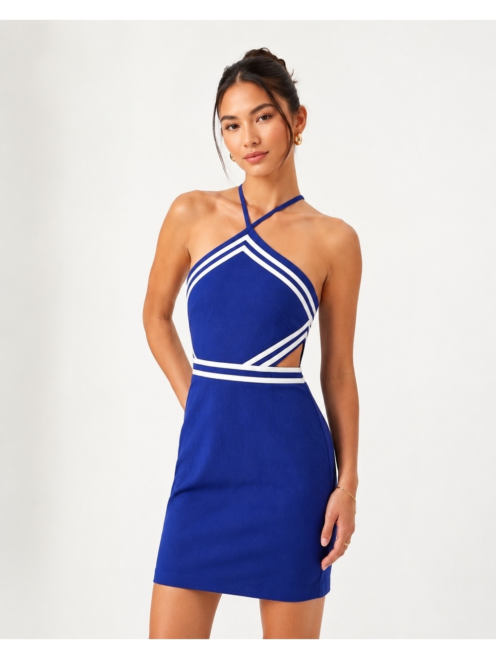 Trina Turk Womens Blue White Striped Linen Blend Dress 12 Cutout Waist NWT $268